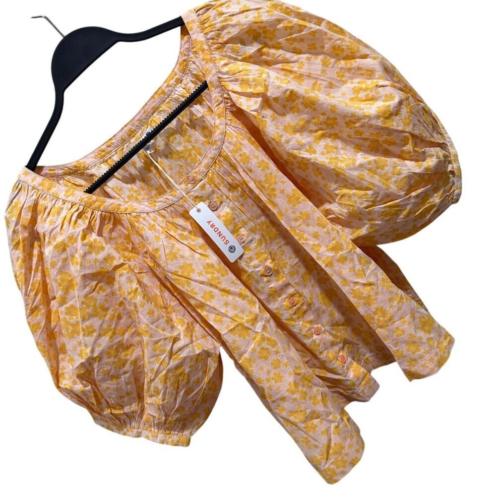 Sundry Womens XS Yellow Floral Puff Sleeve Button Front Cotton Blouse Top NWT - Picture 5 of 11